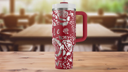 Personalized Rose Tumbler – 40oz Stainless Steel, Laser Engraved Flower Cup with Handle Lid