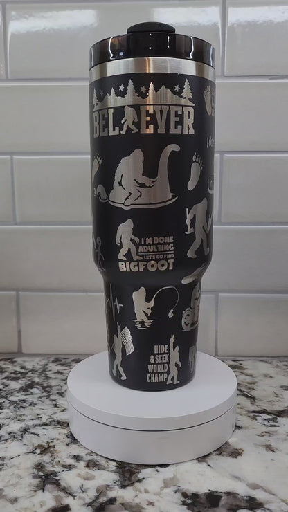 Bigfoot Sasquatch Themed Engraved 40oz Tumbler with Funny Quote | Custom Insulated Travel Mug | Unique Sasquatch Lover Gift
