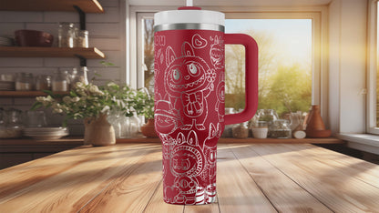 Labubu Engraved Tumbler,  Character Design, Custom Insulated Mug with Straw & Handle, Laser Etched Gift Cup