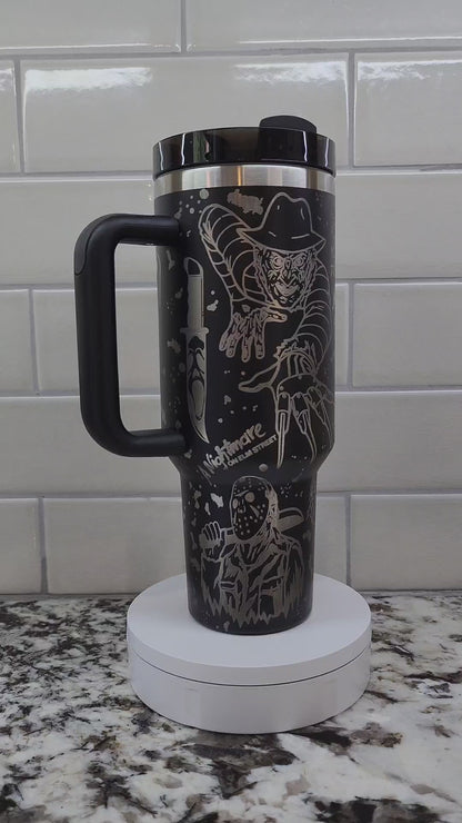 Halloween Horror 2 Characters Themed Engraved 40oz Tumbler | Custom Insulated Travel Mug | Spooky Horror Lover Gift