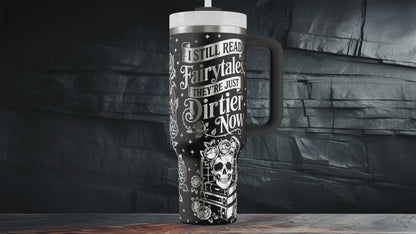 Gothic Skull and Books Design, Laser Engraved Tumbler, Dark Romance Quote Cup, Insulated Mug with Handle, Spicy Book Lover Gift