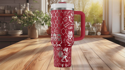 Funny Chicken 40oz Tumbler, F-CAW-F Engraved Cup, Farmhouse Gift, Insulated Travel Mug with Handle, Custom Barnyard Drinkware