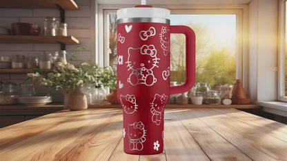 Hello Kitty Personalized Tumbler, Cute Character Design, Custom Name Cup, Insulated Mug with Handle & Straw, Laser Etched Gift Idea