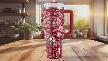 Sea Turtle Ocean Design, Laser Engraved Tumbler, Insulated Mug with Handle and Straw, Custom Marine Life Gift, Beach Lover Drinkware