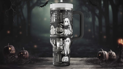 Ghost Library 40oz Tumbler, Spooky Book Lover Cup, Halloween Reading Ghost Mug, Insulated Travel Mug, Glow Holographic Tumbler